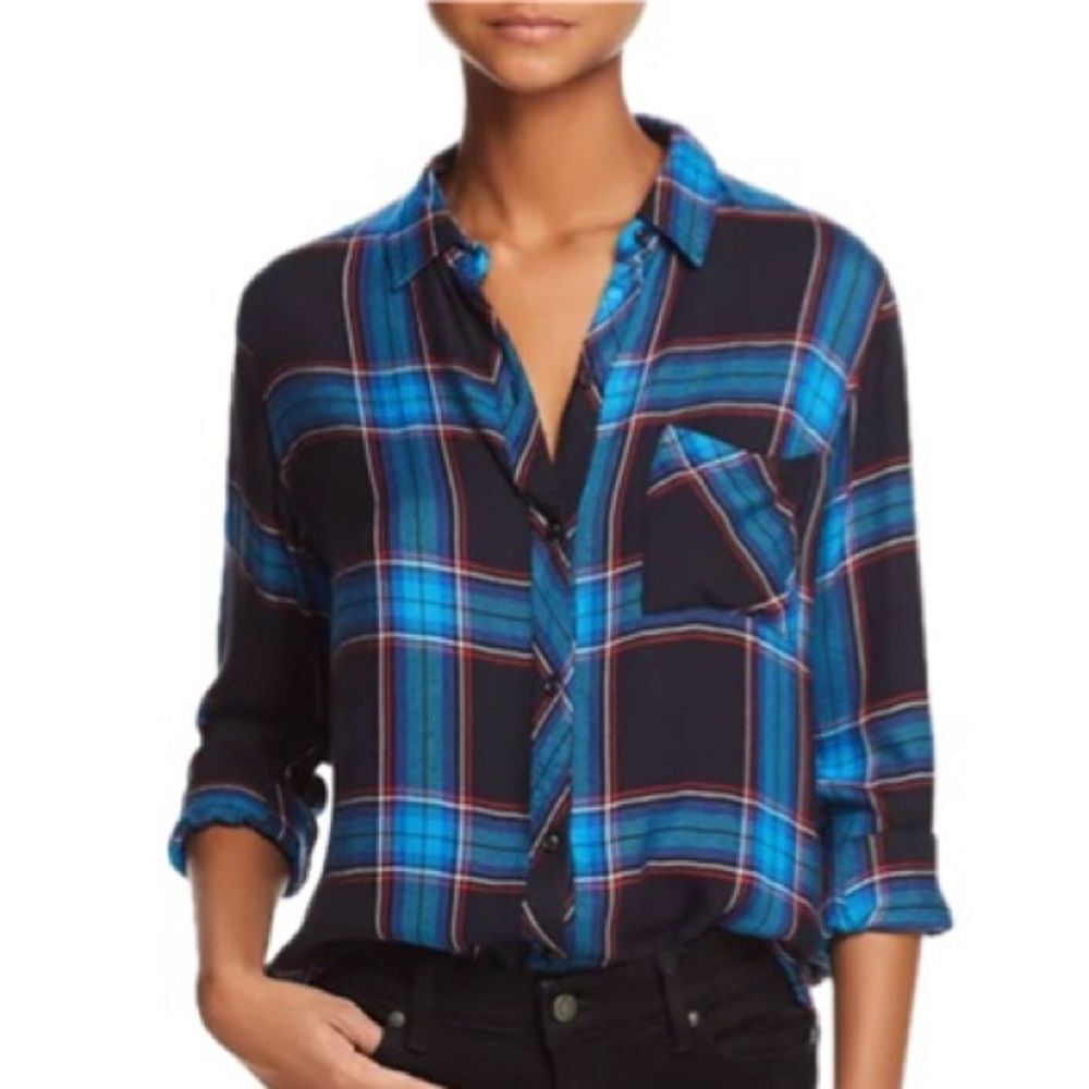 Rails Plaid Button Down Shirt Womens Size Small Rayon Long Sleeve High Low Hem